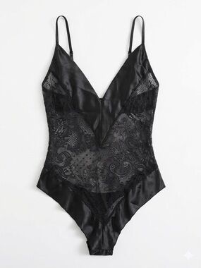 Black Lace Satin V-Neck Bodysuit